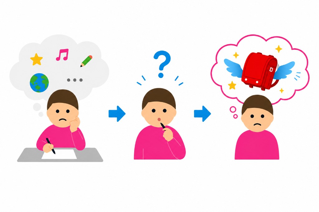 発想が広がりすぎて、現実離れしたアイデア（空を飛ぶランドセルなど）になってしまう様子